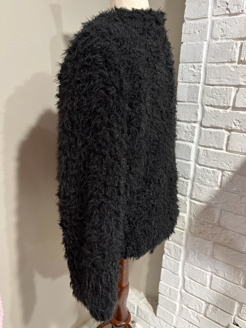 Miss London Black Fuzzy Open-Front Women's Jacket - Picture 4 of 5